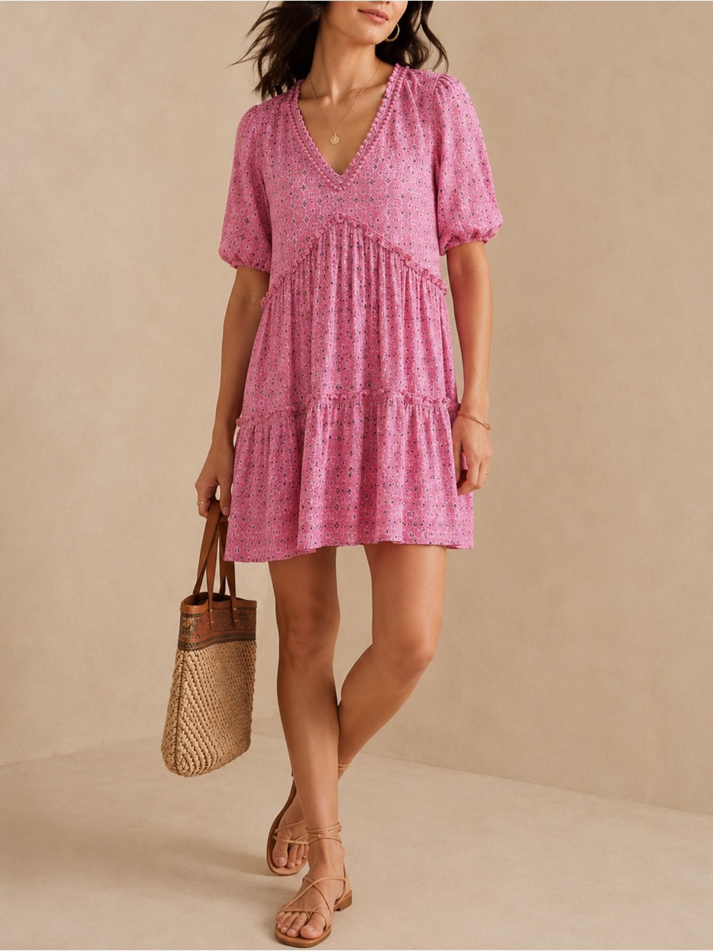 Knox Rose Pink Boho Tiered Babydoll Mini Dress Pom Trim Rayon‎ Large L Bohemian